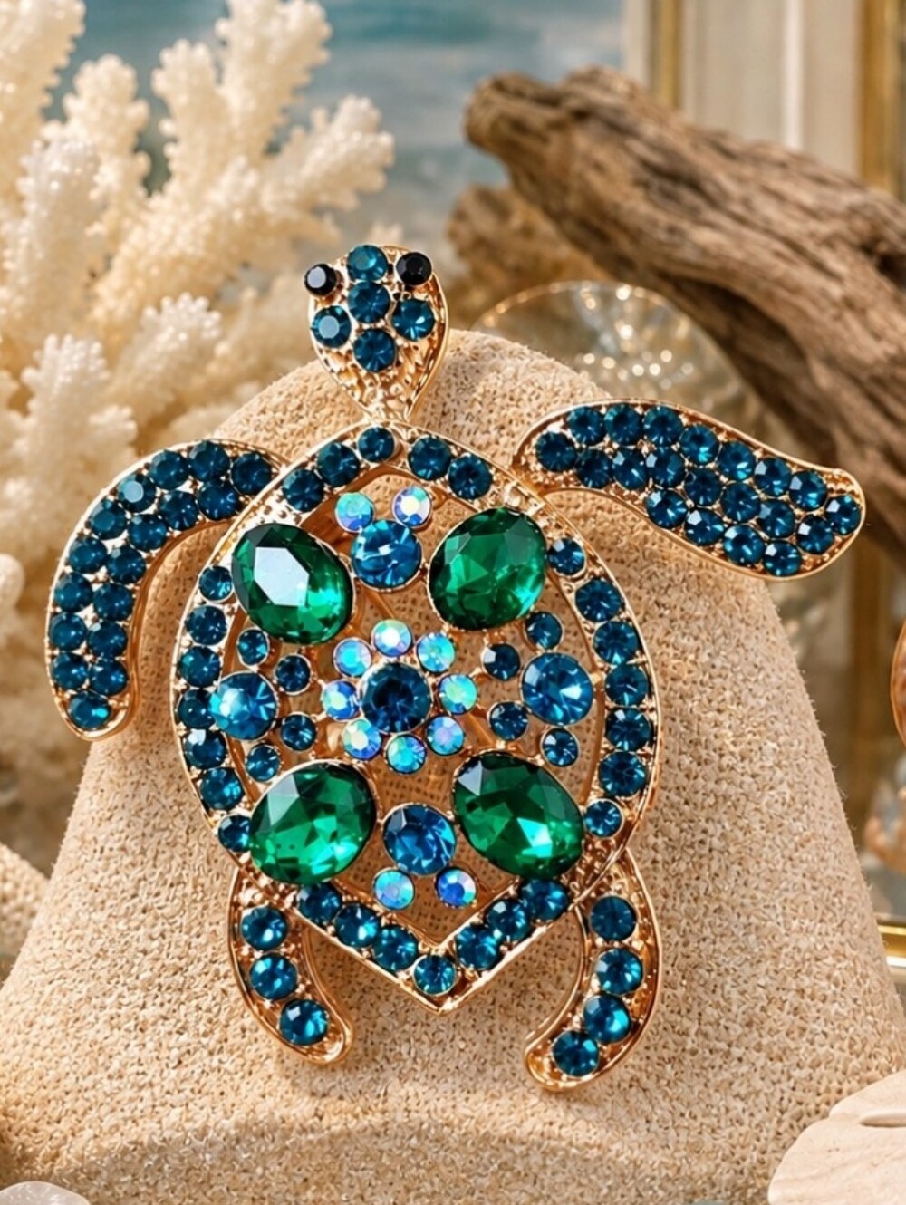 Sea Turtle Spruce Green Light Blue Aurora Borealis Rhinestones Gold Tone Brooch